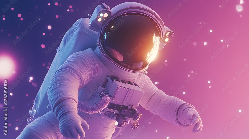 Naklejka premium Astronaut Hovering in Colorful Cosmic Space with Celestial Elements