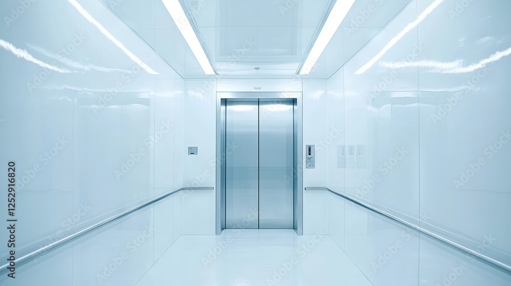 A white metal elevator with reflective cabin walls, captured mid-opening in a minimalistic setting. A white metal elevator with reflective cabin walls, captured mid-opening in a minimalistic setting.
