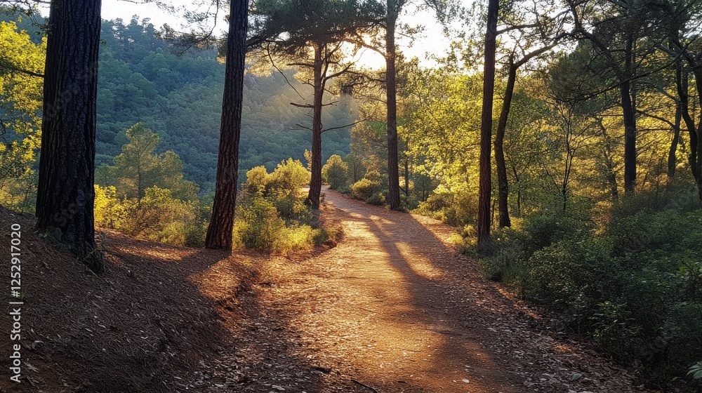 Fototapeta premium Sun-Kissed Path, A Tranquil Forest Trail Illuminated by Golden Light Streaking Through the Verdant Canopy