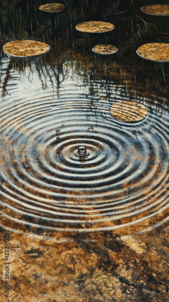 Naklejka premium Water ripples, rain, floating discs, reflective surface.