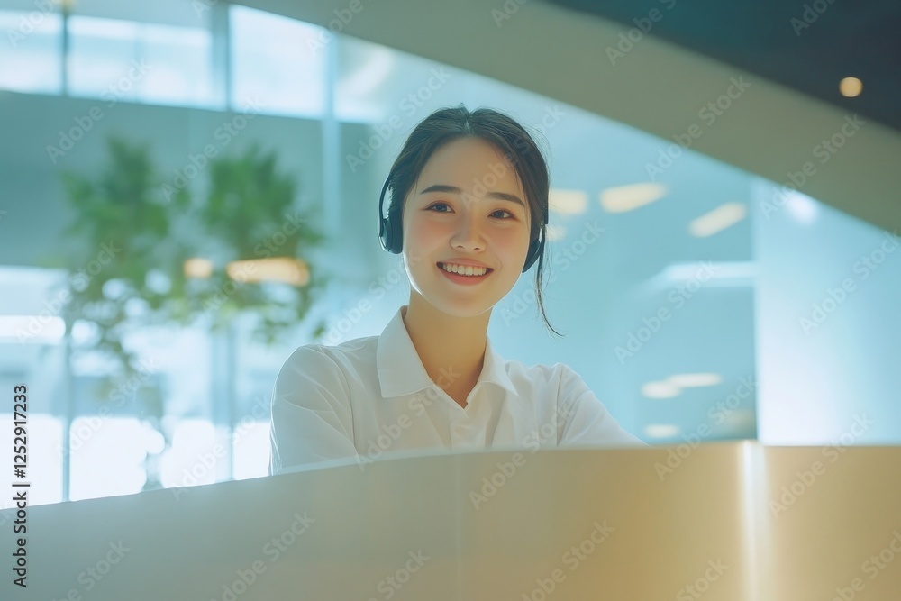 Confident Receptionist Using Headset In Hospital, Confident Receptionist Using Headset In Hospital,