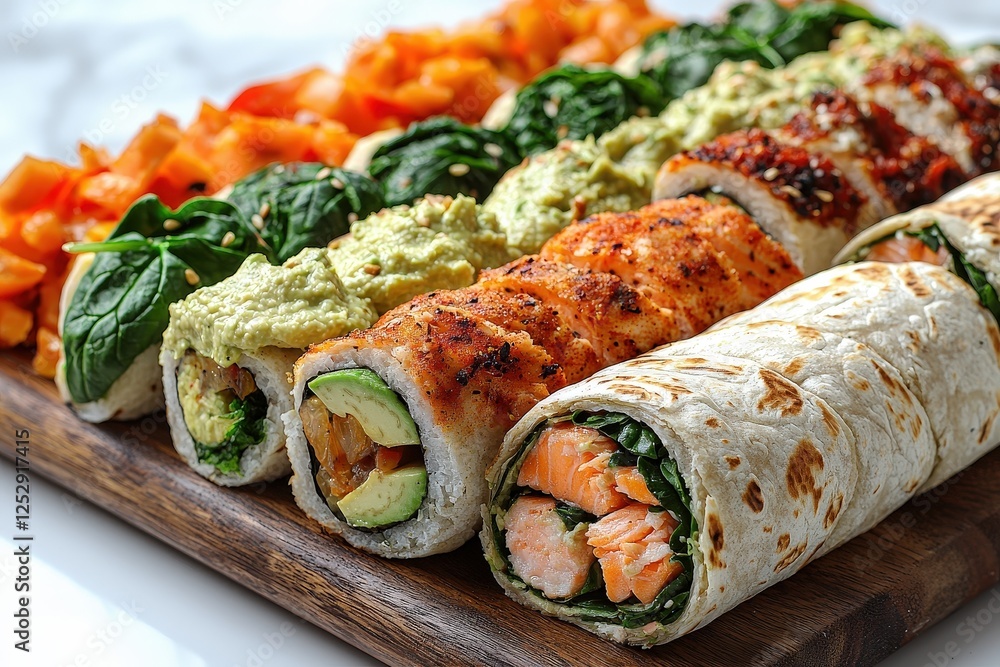 Large board with tortilla rolls: chicken and spinach, salmon and avocado, hummus and vegetables. Large board with tortilla rolls: chicken and spinach, salmon and avocado, hummus and vegetables.