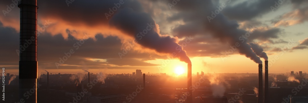 Dark smoke billowing from factory chimneys, creating a dramatic silhouette during a sunset hour. Dark smoke billowing from factory chimneys, creating a dramatic silhouette during a sunset hour.