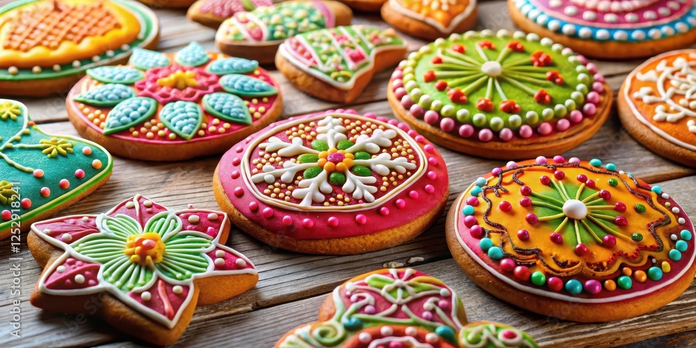 Colorful festive cookies with intricate designs on a table, sweet treats Colorful festive cookies with intricate designs on a table, sweet treats