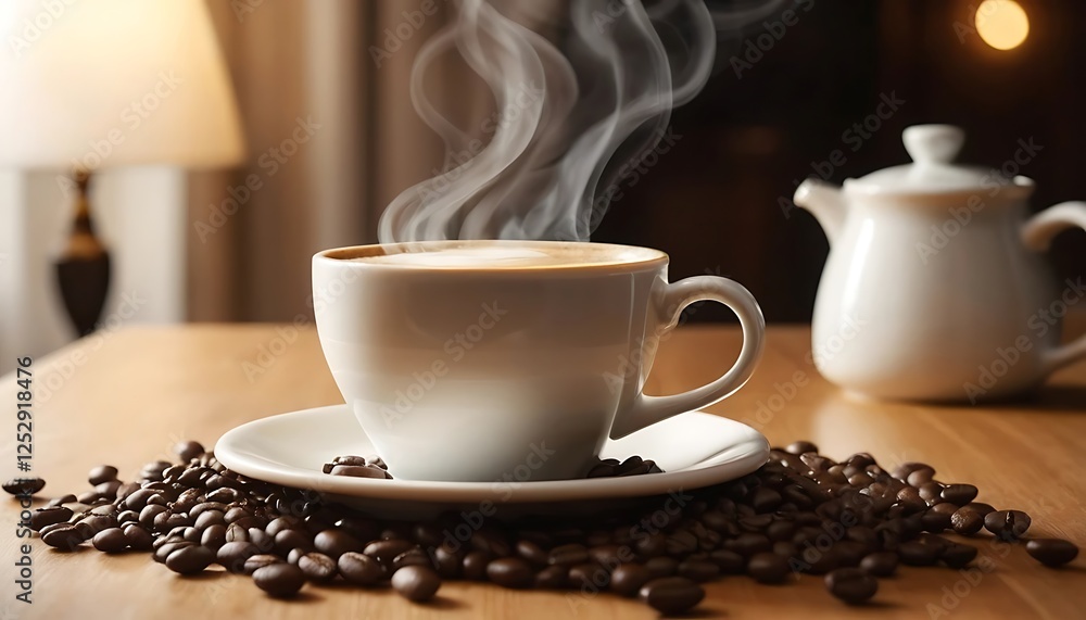 Steaming Cup of Coffee Surrounded by Beans on a Wooden Table Steaming Cup of Coffee Surrounded by Beans on a Wooden Table