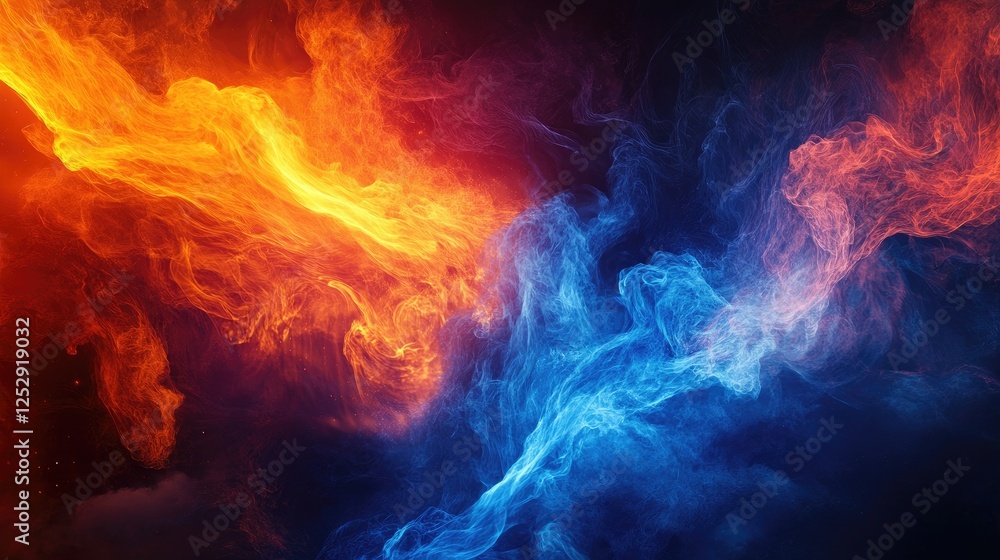 Close-up of powerful gas flames transitioning between deep blue and blazing orange on a dark backdrop. Close-up of powerful gas flames transitioning between deep blue and blazing orange on a dark backdrop.