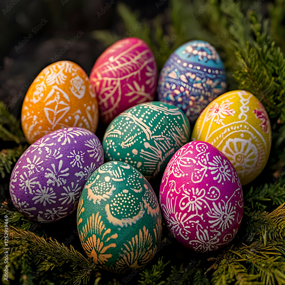 Colorful eggs with delicate patterns, close-up shot, detailed and lively, perfect for wallpapers. Colorful eggs with delicate patterns, close-up shot, detailed and lively, perfect for wallpapers.