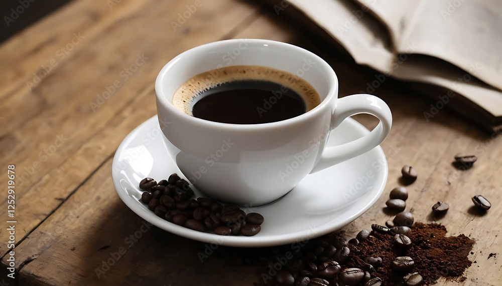 Enjoying Fresh Brewed Coffee Cup on Rustic Wooden Table with Beans Enjoying Fresh Brewed Coffee Cup on Rustic Wooden Table with Beans