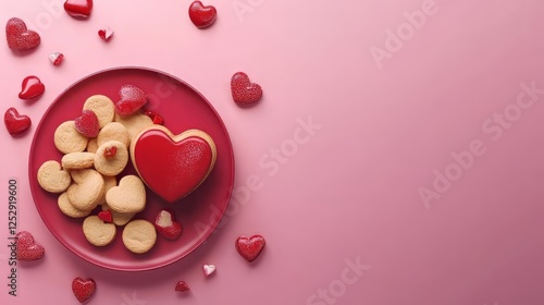 Heart cookies on a plate with pink backdrop