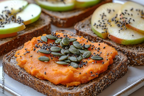 Rye toast with sweet potato puree, apple slices, and pumpkin seeds. photo