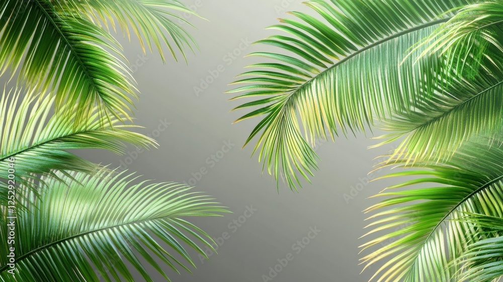 Lush Green Palm Leaves Background with Soft Gray Gradient Effect Lush Green Palm Leaves Background with Soft Gray Gradient Effect