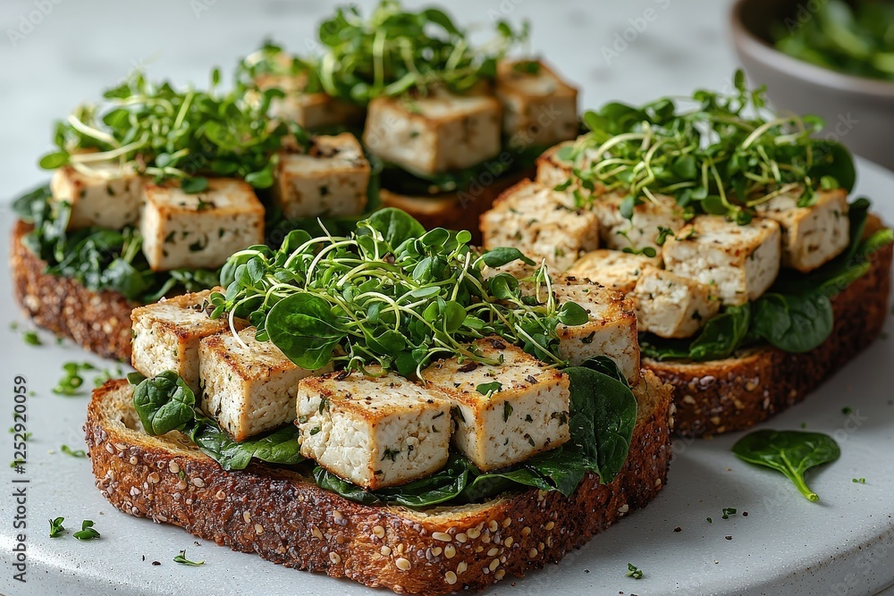 Gluten-free toast with tofu, spinach, and fresh microgreens. Gluten-free toast with tofu, spinach, and fresh microgreens.