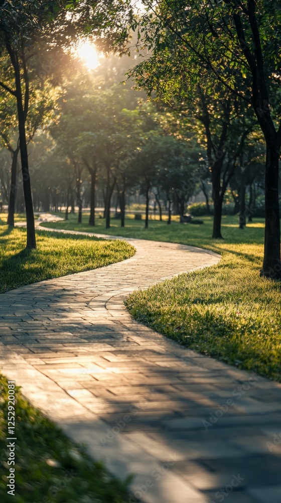 Fototapeta premium Serene Winding Path Through Lush Green Trees At Sunset