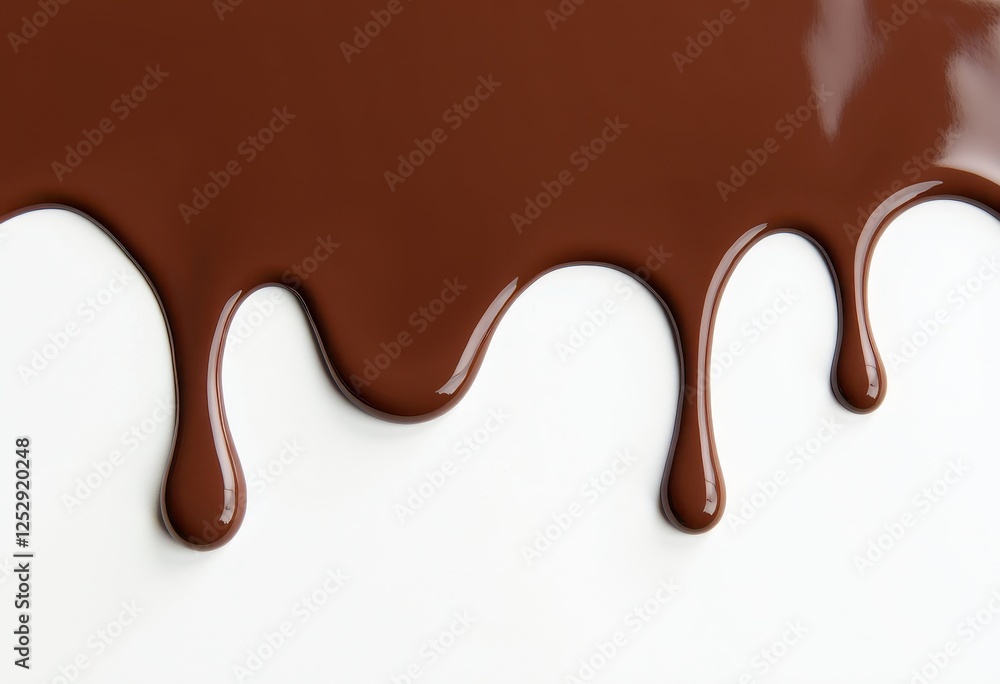 CloseUp of Melted Chocolate Drips Against White Background: Rich Contrast in Color Harmony. A close up of melted chocolate on a white surface. CloseUp of Melted Chocolate Drips Against White Background: Rich Contrast in Color Harmony. A close up of melted chocolate on a white surface.