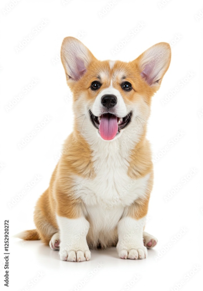 Happy Welsh Corgi puppy, panting and sitting isolated on white background Happy Welsh Corgi puppy, panting and sitting isolated on white background