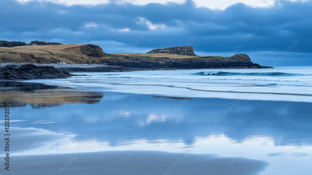 A tranquil blue ocean with gentle waves and a serene sky reflecting in the water A tranquil blue ocean with gentle waves and a serene sky reflecting in the water