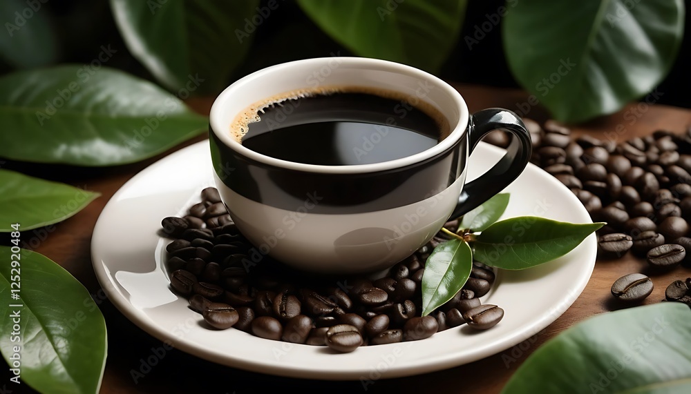 Coffee Cup with Black Coffee, Beans, and Green Leaves Still Life Coffee Cup with Black Coffee, Beans, and Green Leaves Still Life