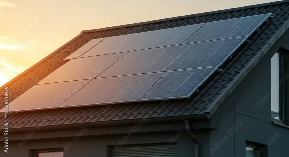 close up of a Modern eco friendly passive house with solar panels on rooftop. Home solar panel. Solar panels on roof of modern apartment building in city during the sunset with sun flare close up of a Modern eco friendly passive house with solar panels on rooftop. Home solar panel. Solar panels on roof of modern apartment building in city during the sunset with sun flare