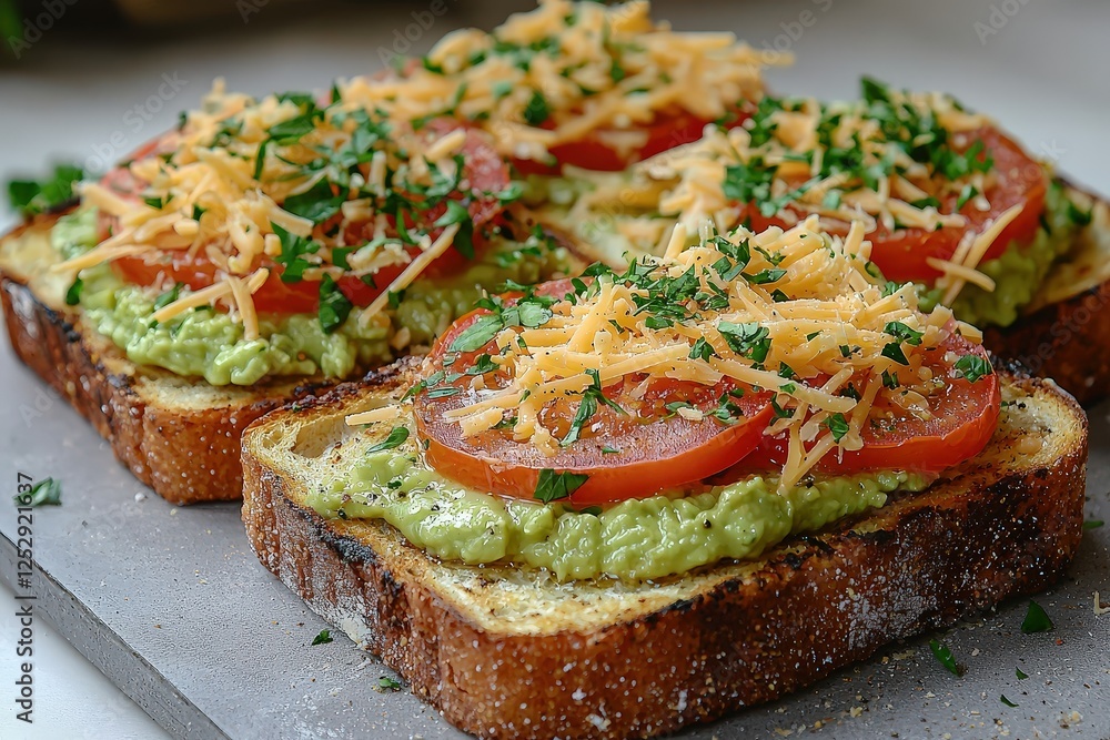 Toast with avocado paste, tomato sauce, and cheddar cheese. Toast with avocado paste, tomato sauce, and cheddar cheese.
