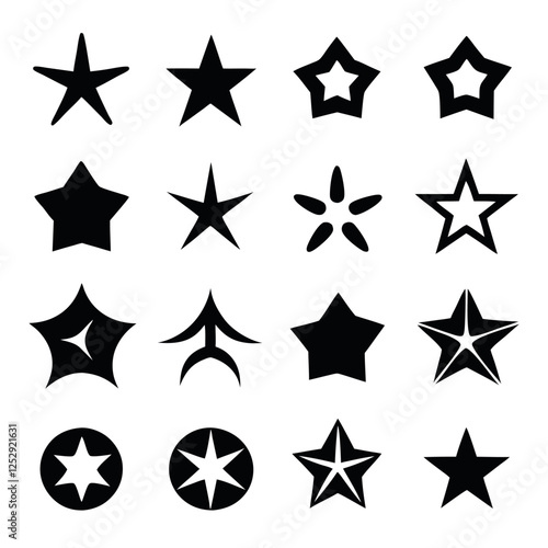 This image presents a collection of diverse star and polygon shapes, in solid black silhouettes against a pure white background.