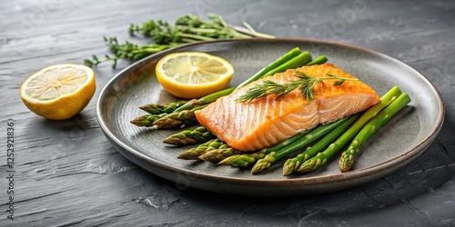 Wallpaper Mural Fresh baked salmon fillet on a gray plate with steamed asparagus spears and lemon wedges, kitchen table setting, home cooking Torontodigital.ca