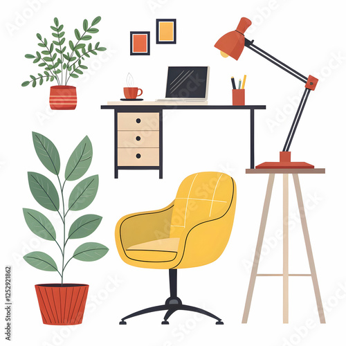 Modern interior furniture and accessories cartoon style icons for trendy office renovation