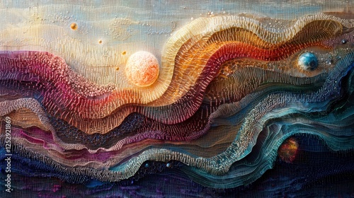 Abstract Colorful Painting of Cosmic Landscape with Wavy Textures and Celestial Bodies in Dynamic Composition
