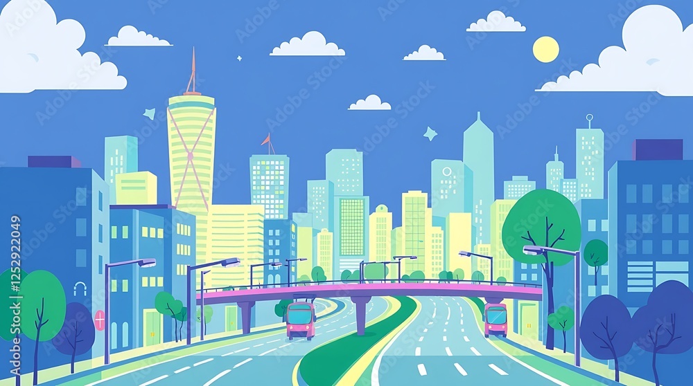 Fototapeta premium Generative AI Modern Cityscape Illustration with Highway cityscape highway urban buildings illustration vector sky clouds road traffic pink trees modernity progress connectivity growth