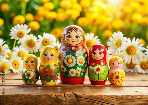 Colorful Matryoshka Dolls & Daisies Panoramic - Springtime Russian Nesting Dolls photo