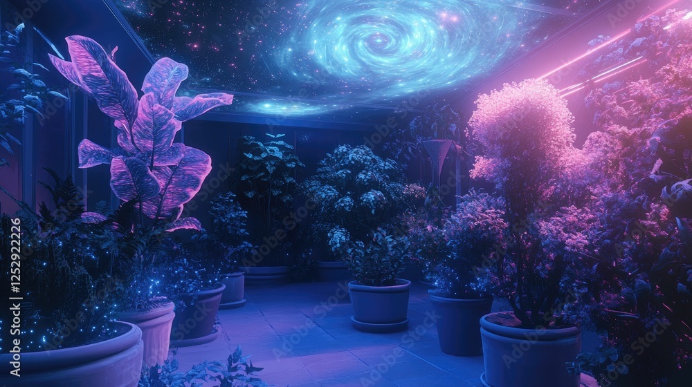 Fototapeta premium Neon-lit indoor garden, potted plants, celestial ceiling.