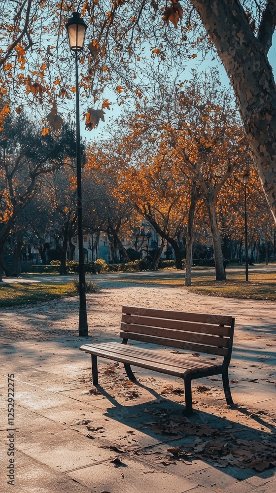 Tranquil Autumn Park Scene with Empty Bench and Golden Leaves Tranquil Autumn Park Scene with Empty Bench and Golden Leaves