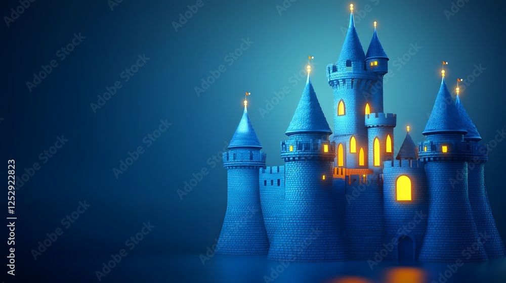 Fototapeta premium Enchanted Blue Castle at Night with Illuminated Windows in Fantasy Scene