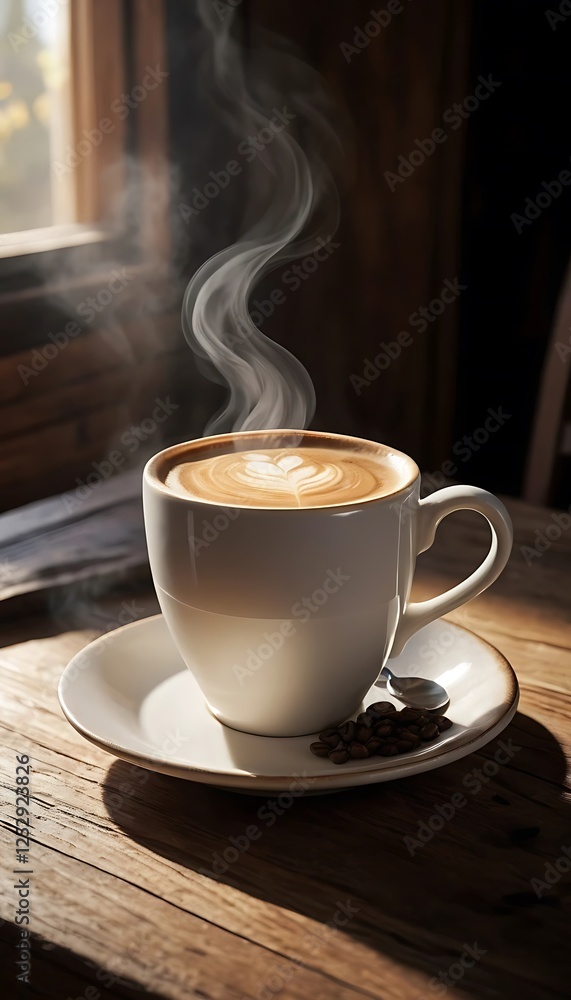 Steaming Cup of Latte Art Coffee on Wood Table in Sunlight Steaming Cup of Latte Art Coffee on Wood Table in Sunlight