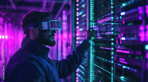 Person wearing headset interacts with glowing server.