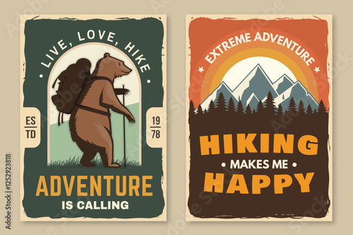 Set of hiking outdoor adventure flyer, poster, banner with hiker bear with backpack, mountain, hiking poles and pine cone. Vector.