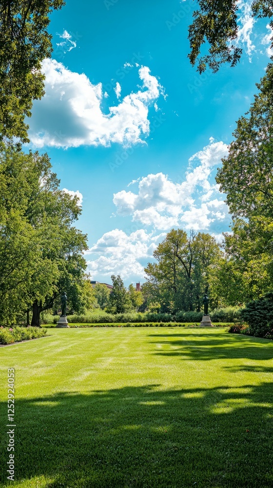 Serene Green Lawn Under Bright Blue Sky with Fluffy White Clouds Serene Green Lawn Under Bright Blue Sky with Fluffy White Clouds