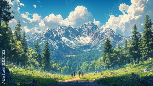Fototapeta Naklejka Na Ścianę i Meble -  Majestic Mountain Vista, A Family's Journey Through Lush Greenery and Towering Peaks under a Cerulean Sky