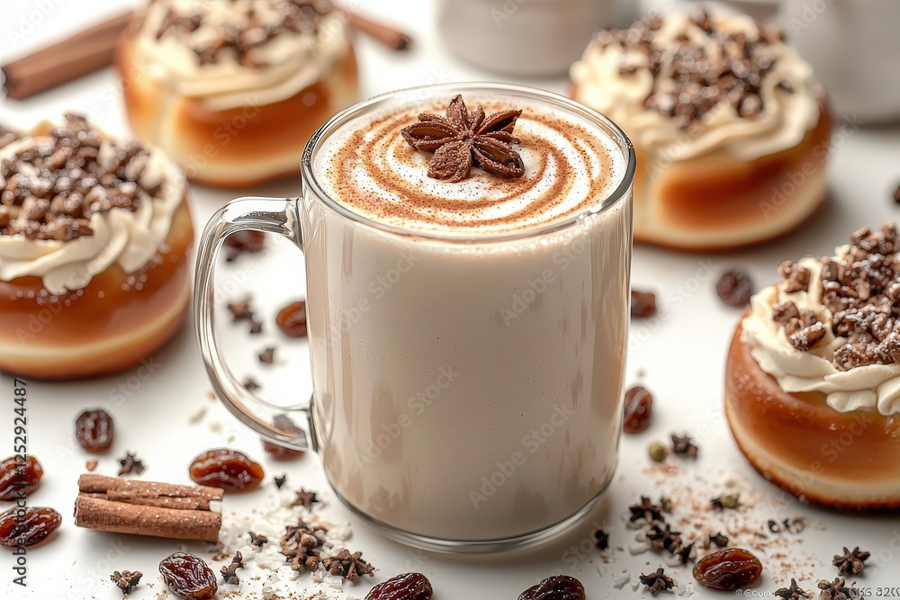 Winter chai latte with spices (cinnamon, cardamom) and warm raisin buns. Winter chai latte with spices (cinnamon, cardamom) and warm raisin buns.