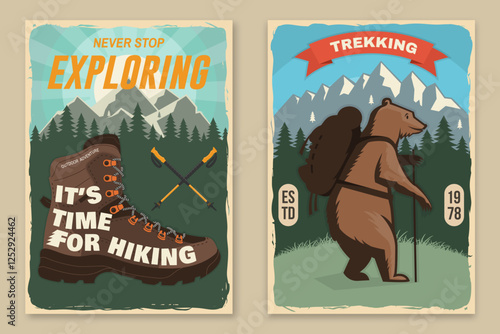 Set of hiking outdoor adventure flyer, poster, banner with hiker bear with backpack, mountain, hiking poles, hiking boot and pine cone. Vector.