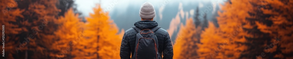 Man stands in a vibrant autumn forest with orange trees and misty mountains in the background during a peaceful outdoor moment Man stands in a vibrant autumn forest with orange trees and misty mountains in the background during a peaceful outdoor moment