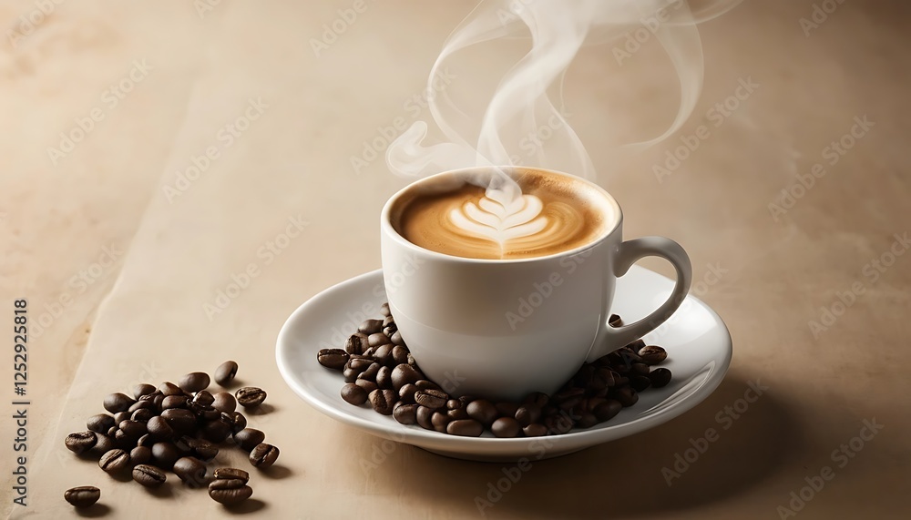 Steaming Coffee Latte Art with Roasted Beans on a Plate Steaming Coffee Latte Art with Roasted Beans on a Plate
