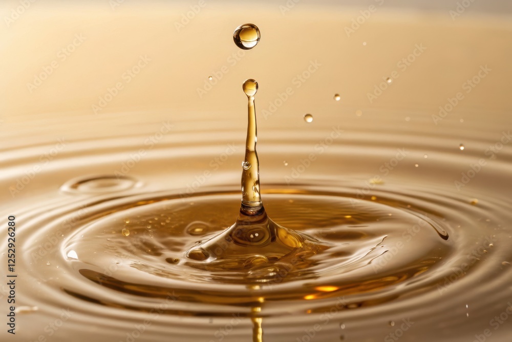 Close-Up of a Water Droplet Creating Ripples in Golden Liquid for Fluid Dynamics Close-Up of a Water Droplet Creating Ripples in Golden Liquid for Fluid Dynamics