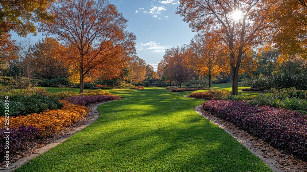 Autumnal garden path, sunlit lawn, colorful foliage, tranquil scene, landscape design Autumnal garden path, sunlit lawn, colorful foliage, tranquil scene, landscape design