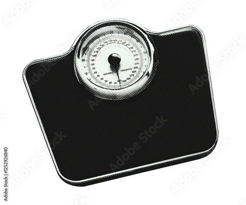 Analog weight scale in retro style. Household object in halftone illustration