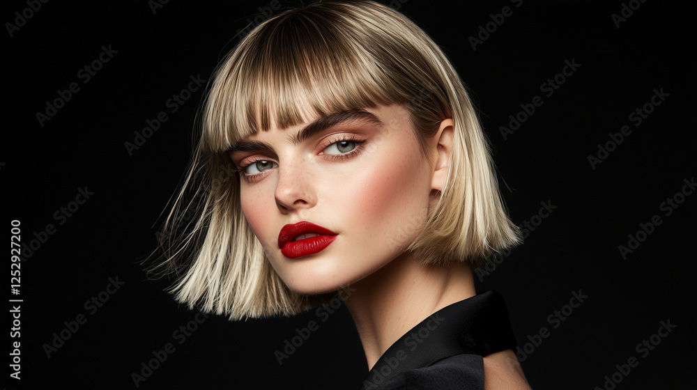 A glamorous model with sleek blonde hair, bold red lips, and an intense gaze against a black background. Ideal for high-fashion editorials and luxury beauty brands. A glamorous model with sleek blonde hair, bold red lips, and an intense gaze against a black background. Ideal for high-fashion editorials and luxury beauty brands.