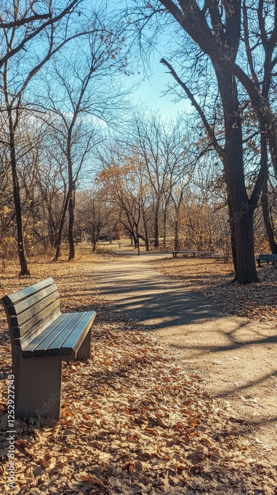 Serene Autumn Pathway with Bare Trees and Fallen Leaves Serene Autumn Pathway with Bare Trees and Fallen Leaves
