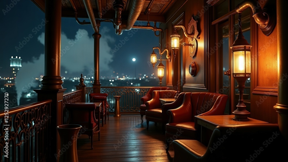 Fototapeta premium A cozy industrial-style balcony with a cityscape view at night. Features a red chaise lounge, a round table, chairs, and warm string lights. The city skyline includes smokestacks and buildings