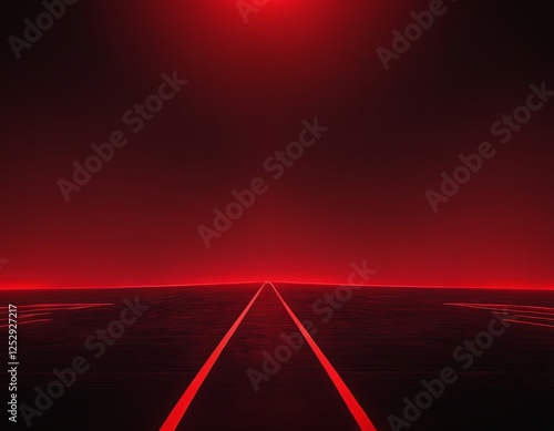 A futuristic landscape featuring a long, illuminated path under a captivating red glow. photo