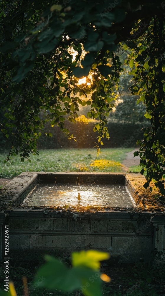 Obraz premium Tranquil Garden Fountain Surrounded by Lush Greenery at Sunset