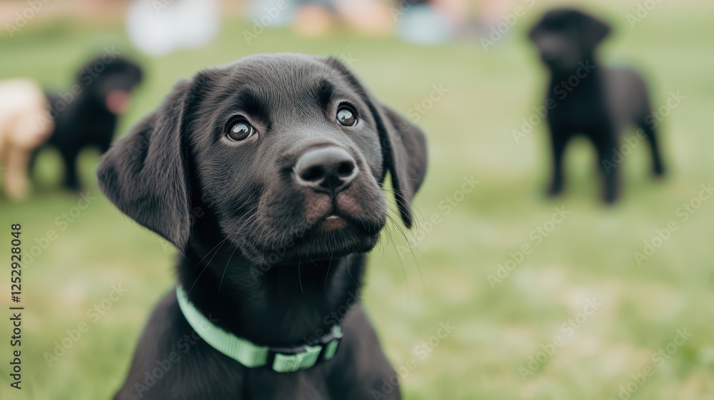 Puppy Love: A black Labrador puppy with soulful brown eyes and a curious gaze sits on a lush green lawn, captivating with its innocent charm. Puppy Love: A black Labrador puppy with soulful brown eyes and a curious gaze sits on a lush green lawn, captivating with its innocent charm.